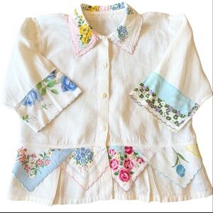 Vintage Handcrafted Linen & Cotton Handkerchief Cottagecore Prairie Blouse M/L‎